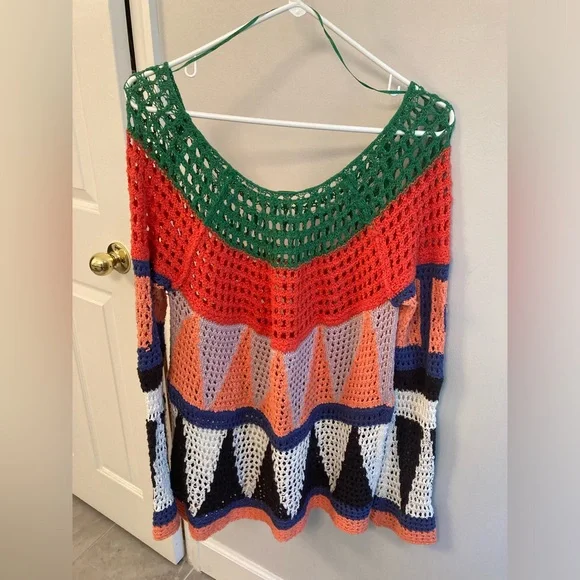 Free People Modern Art Geo Crochet Open Knit Flared Bell Sleeves Sweater Top M - Picture 6 of 6